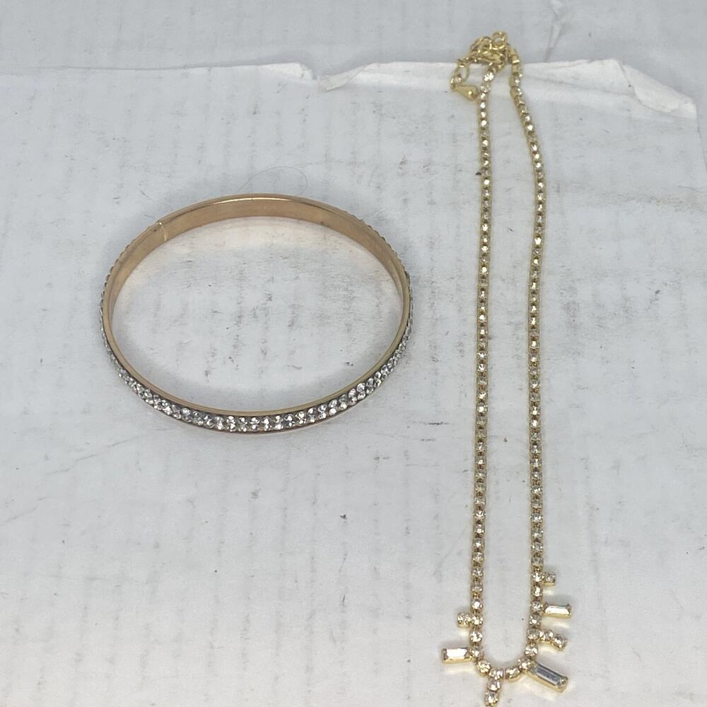 Gold Tone Bangle Bracelet And Gold Tone Necklace With Fake Diamond Design